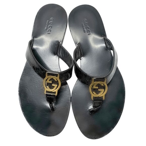 Gucci Microguccissima Patent Leather Interlocking GG Thong Sandals EU 36.5 Black - Picture 4 of 11
